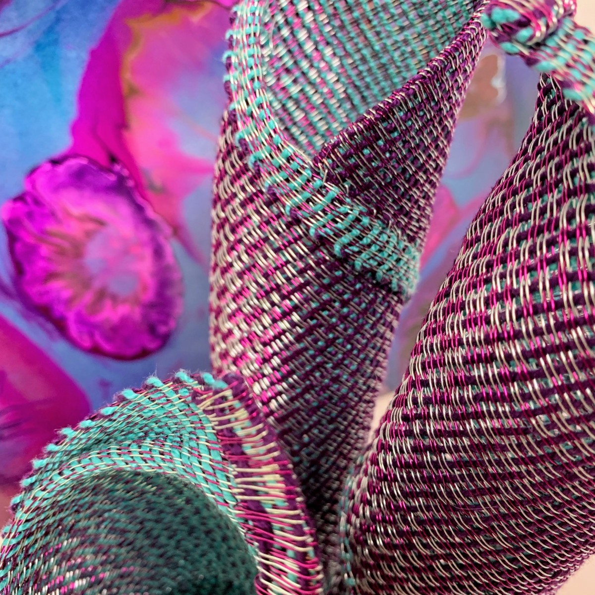 Woven Metal Sculpture and Resin Painting