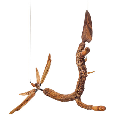 James Surls, Cock Fight, 2018, pine knot, bois d'arc, walnut, red oak, cedar (fence post), 101" x 60" x 144"