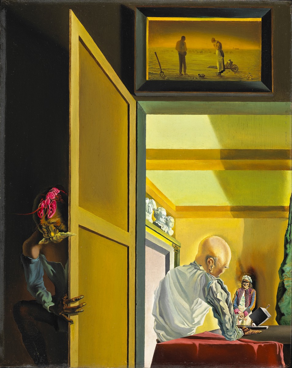 Salvador Dalí (Spanish, 1904–1989), Gala and the Angelus of Millet Immediately Preceding the Arrival of the Conic Anamorphoses, 1933. Oil on wood, 9 1/2 x 7 1/2 in. (24.2 x 19.2 cm).