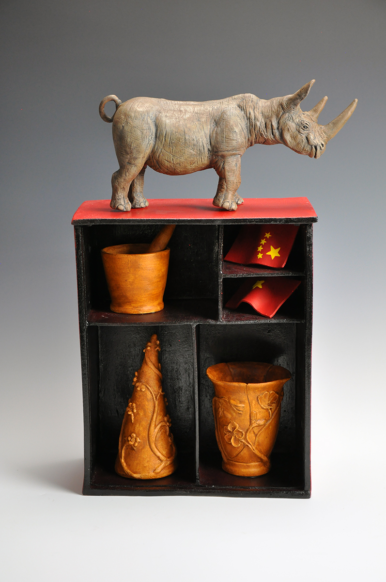 Asian Money Ceramic Sculpture of Rhino and artifacts
