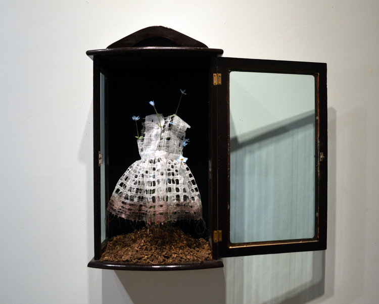 Emily Chase, Slow Growth (Bloom), 2016, Sewn and dyed paper, thread, soil (artificial), wire, antique box 24”x25”x5”