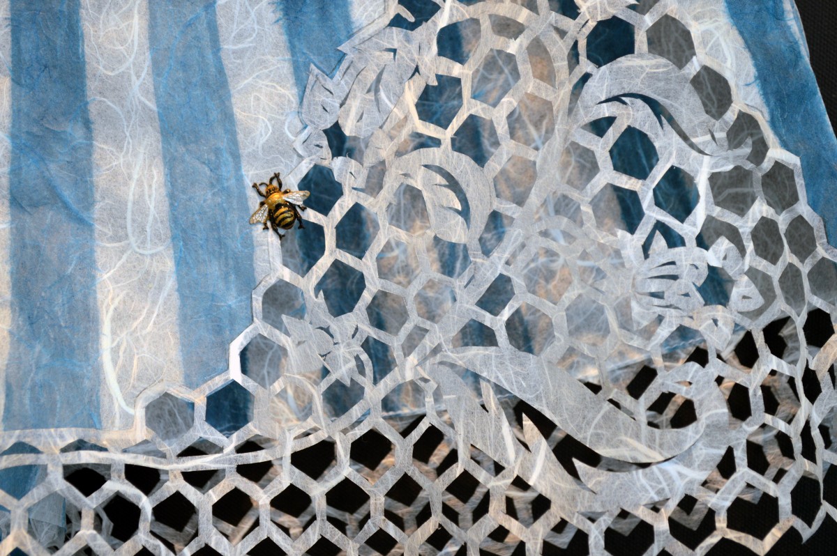 Emily Chase, Like Belladonna Honey, detail, 2015, handcut paper lace, mulberry paper, watercolor, painted brass bees, oil paint, 60x36in
