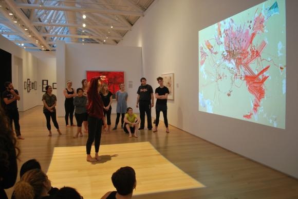 Camille Utterback (b. 1970) Installation shot of Untitled 5, 2004 interactive installation: custom software (color, silent), video camera, computer, projector, lighting,