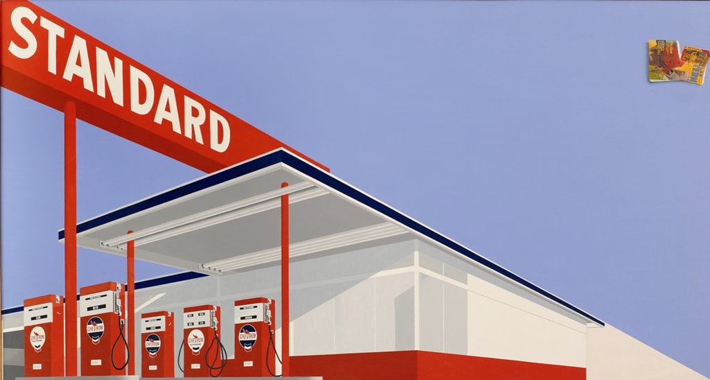 Ed Ruscha, 'Standard Station with Ten-Cent Western Being Torn in Half,' oil on canvas, 1964