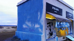 The Prada Marfa public art installation was vandalized earlier this month. (Photo Credit: Rita Weigart/Marfa Public Radio)