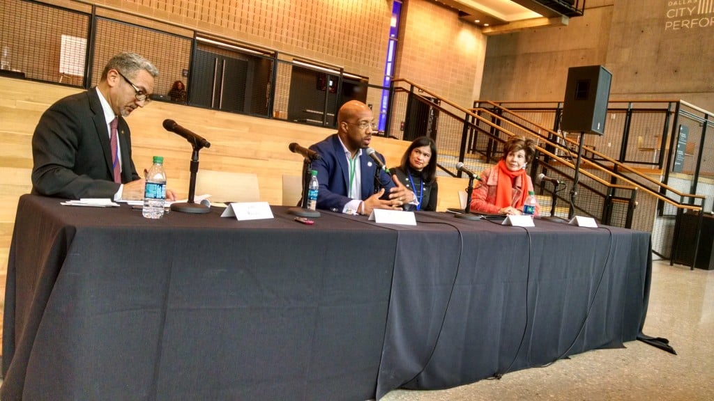 James Ragland (far left) moderated the Political City track's Full City-Team panel, featuring Michael Sorrell, Florencia Velasco Fortner and Lee Cullum. 