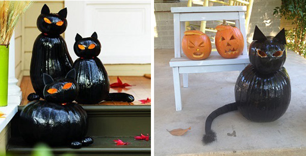 Pinterest's Cat O' Lanterns (left) and my attempt. Don't worry, I'm not quitting my day job. (photos Left: Pinterest Thomas J. Story; Right: Therese Powell)