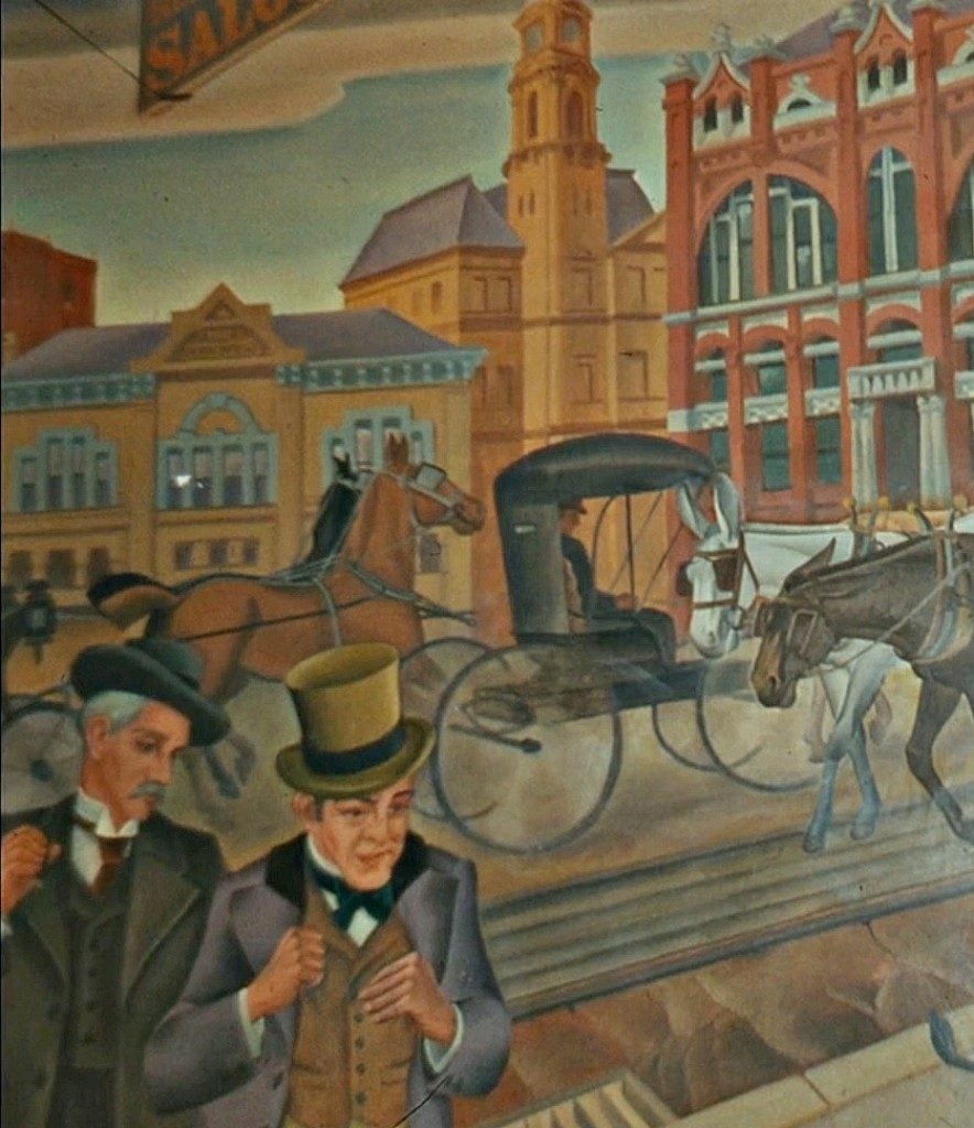 Detail from ‘1880-1890 – The Young City Puts on Airs – Post Office and City Hall Are Built’ by Jerry Bywaters and Alexander Hogue