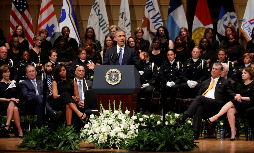 U.S. President Barack Obama speaks during a memorial service for five policemen killed last week in a sniper attack in Dallas, Texas July 12, 2016. Photo: REUTERS/Kevin Lamarque