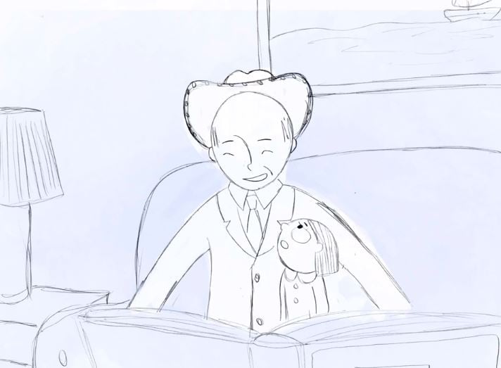 Animated still of the narrator and her father.