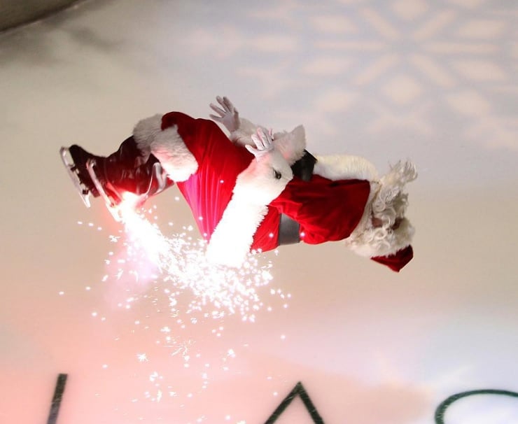 Don't miss Missile Toes, the Galleria’s ice-skating, back-flipping, pyrotechnic Santa Claus. Photo: Galleria Dallas