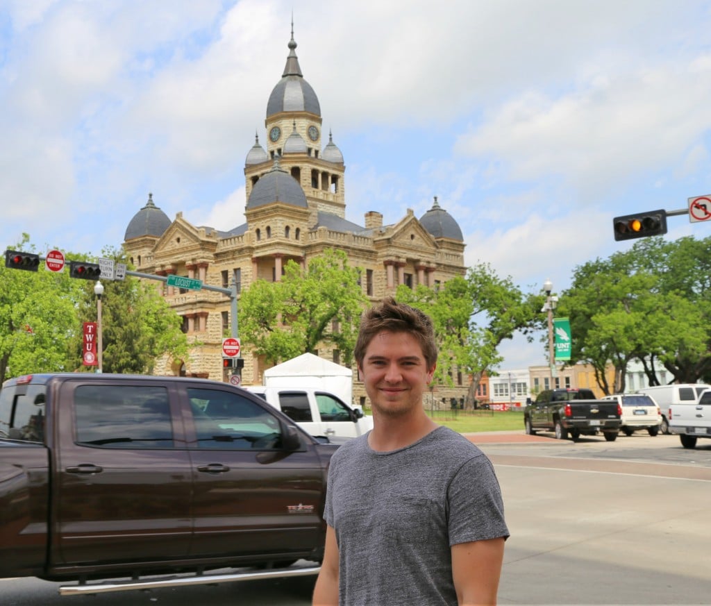 Matt Morton standing in Denton's Town Square. A place he strolls past on his way to UNT's campus. Photo: Hady Mawajdeh