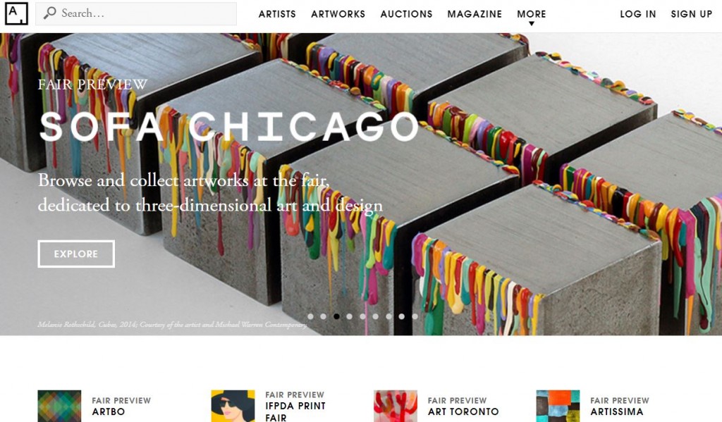 The homepage for Artsy. Artsy's an aggregation arts blog. 
