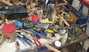 Some of the tools that cover Owens' worktable. Photo: Hady Mawajdeh