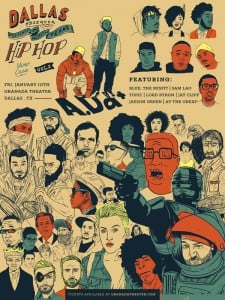 An old flyer for the Dallas Hip-Hop Showcase. Illustrated by Torres. 