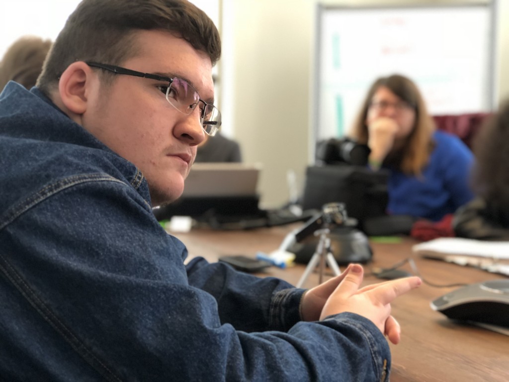 Andrew Beeson's a senior at Seagoville High School. He's also a cast member of Cry Havoc's upcoming show, 'Babel." Here he is taking in the discussion of gun violence in Newtown, Connecticut. Photo: Hady Mawajdeh 