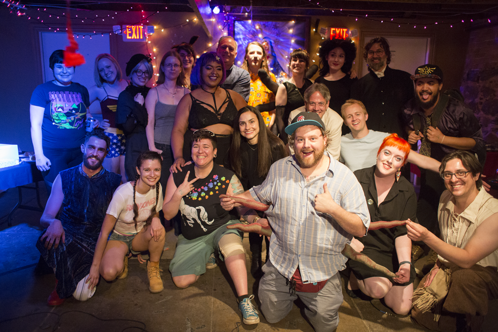 All of the performers and artists showing work at SpiderCon pose for a photo. Photo: Leah Jones