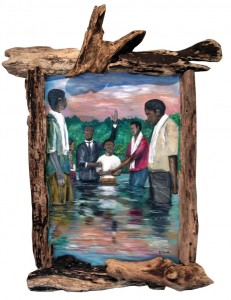 Baptismal by Guinn Powell, driftwood framed oil on masonite.