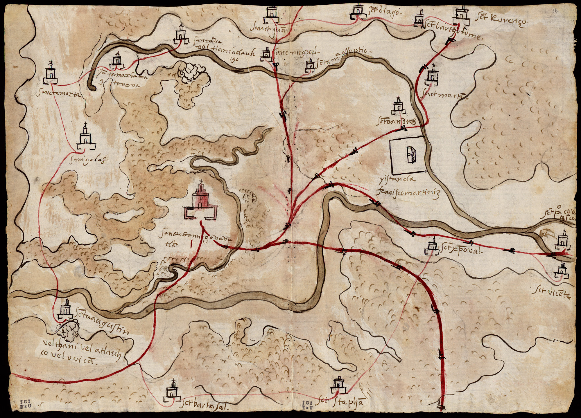 This 1579 watercolor and ink map of Gueguetlan has notations the provide guidance about a town being "in a very low area" or being a "dangerous place." The inscriptions are in an indigenous language that Europeans wouldn't understand. Granados asks: "Who were these inscriptions written for if they knew that no one but themselves would make sense of them?" Photo: Blanton Museum of Art