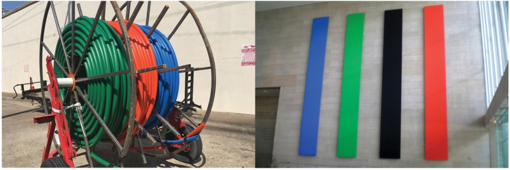 Two photos side by side. Left photo is of green, red and blue hoses on large spool. Right photo is of Ellsworth Kelly's work of blue, green, black, and red panels at the Meyerson Symphony Center. 