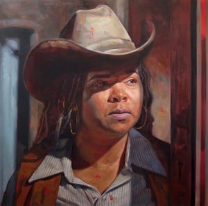 oil painting by Felice House called "Shanielle Dean" that depicts a portrait of a black woman wearing cowboy hat.