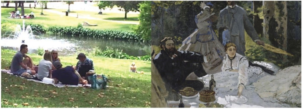 Two photos side by side. Photo on left is 5 people having a picnic by Turtle Creek. On right is painting of people from 1865 have a picnic.