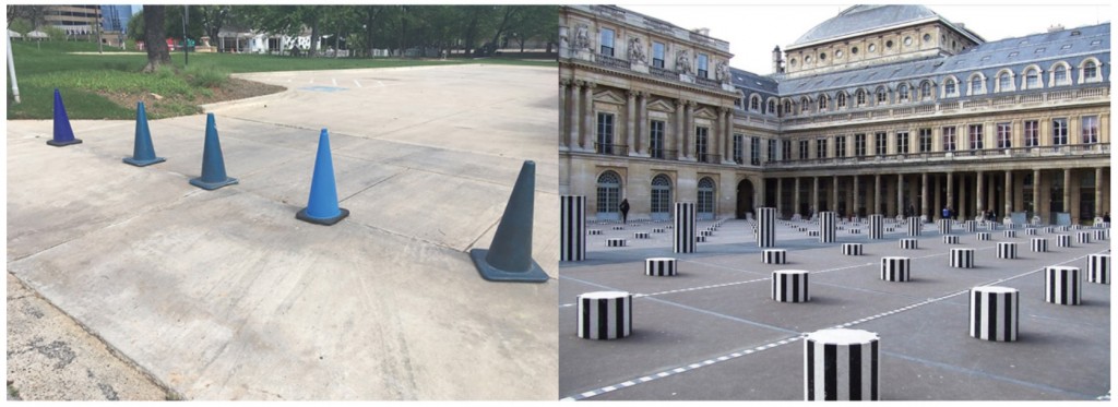 Two photos side by side. Photo on left is of blue traffic cones lined up at entrance to a parking lot. Photo on right is of short, black and white-striped columns in a plaza in front of Parisian building. 