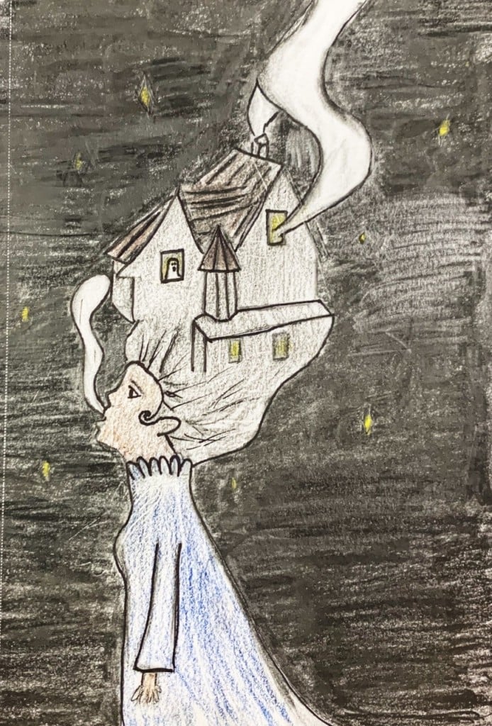 Student drawing of women wearing a haunted house on her head.