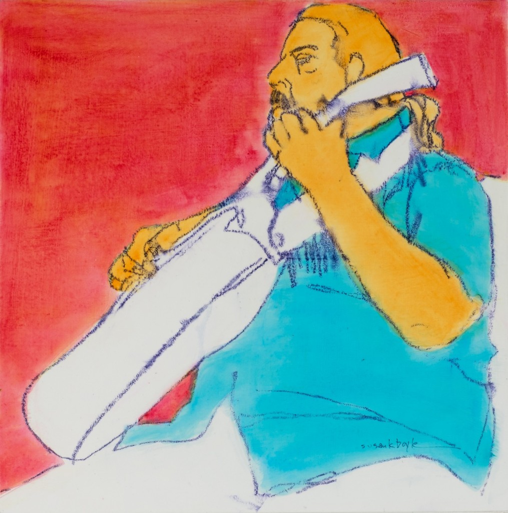 A brightly colored painting of a man playing a guitar.