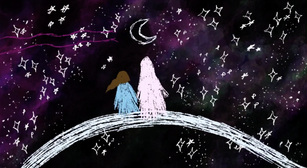 Animation of a girl and her grandmother, sitting on the moon watching the stars.