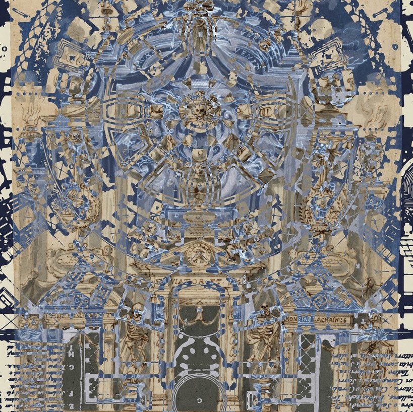 layered abstract print with map on top of blueprint