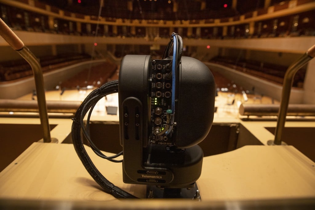 One of the small, black robotic cameras in the Meyerson Symphony Center. It has a lot of ports on the side.